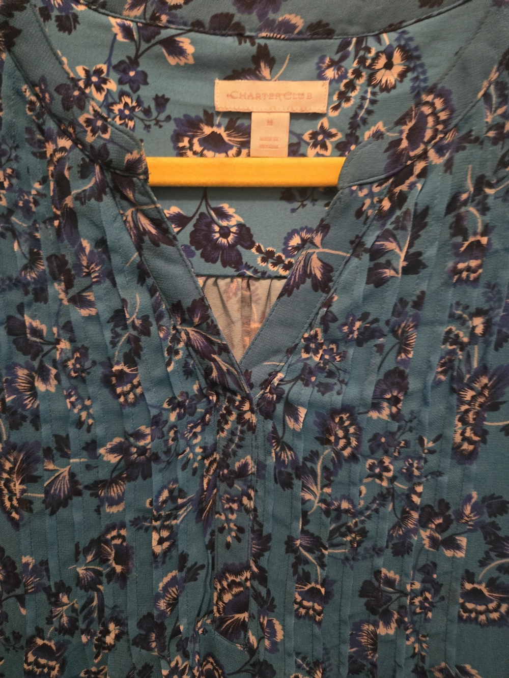 Charter Club Teal Floral V-Neck Pintuck Blouse with Navy Accents